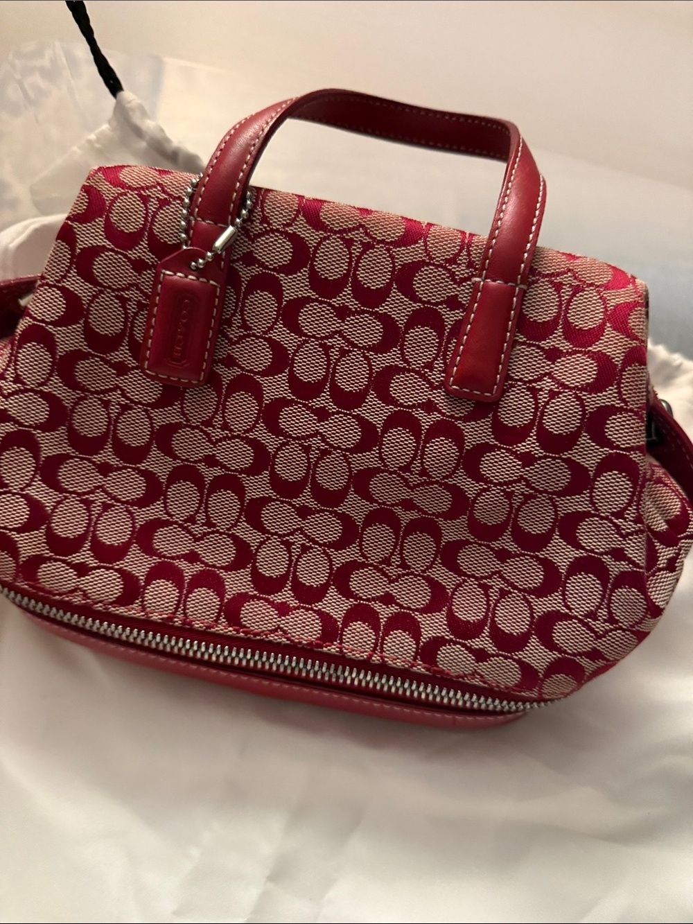 Coach Red Signature Jacquard Satchel with Leather Trim